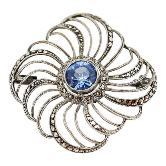 Vintage-Style Sterling Silver 925 Marcasite Flower Brooch - Blue Center, 1.5” - Picture 2 of 9